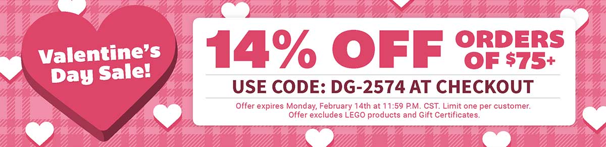 Valentine's Day Sale! 14% Off orders of $75 or more! Use Code: DG-2574