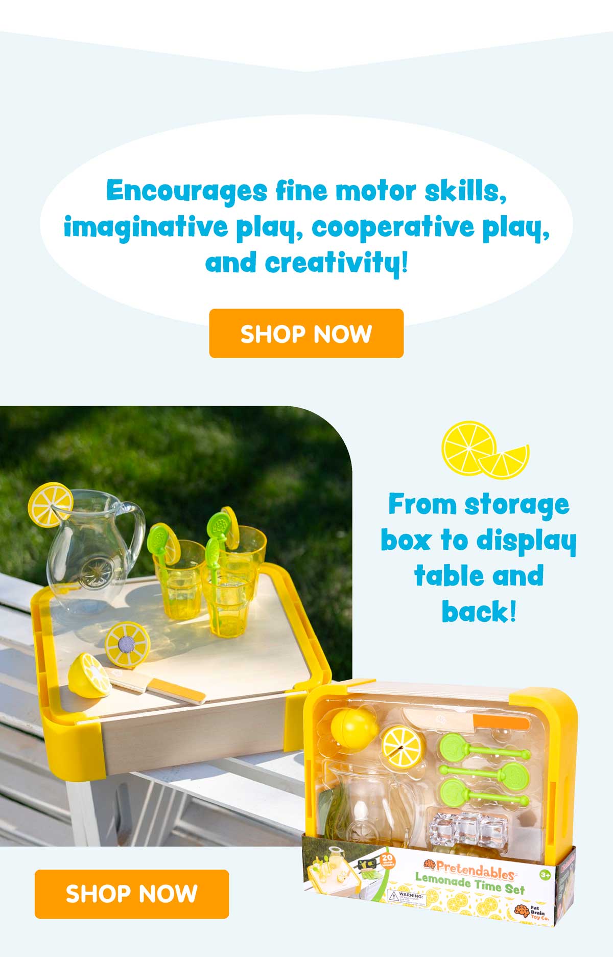 Encourages fine motor skills, imaginative play, cooperative play, and creativity! From storage box to display table and back!