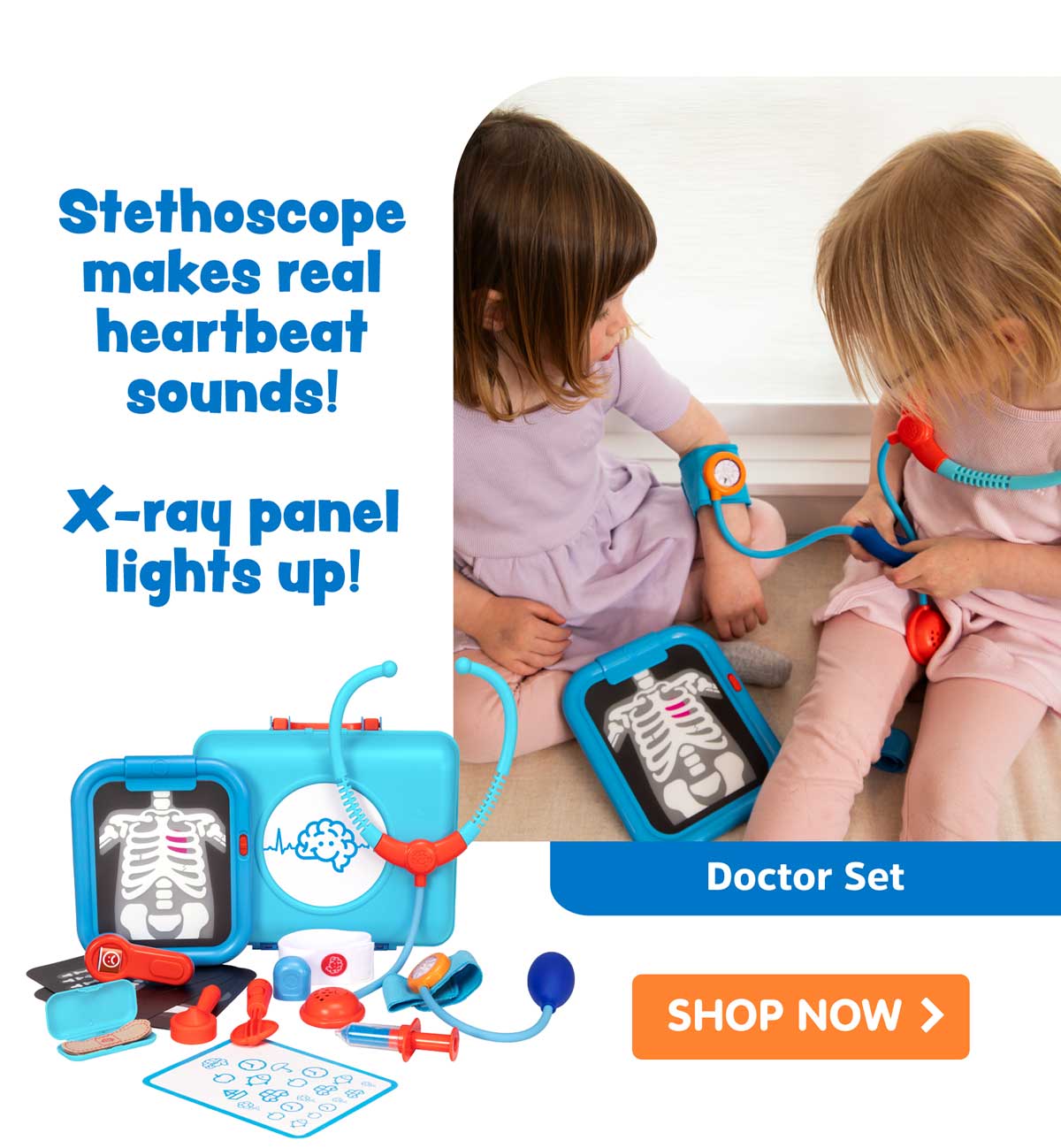 Stethoscope makes real heartbeat sounds! X-ray panel lights up!! Pretendables Doctor Set - Shop Now