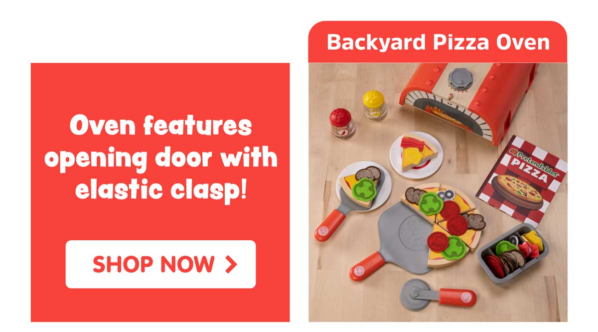 Oven features opening door with elastic clasp! Pretendables Backyard Pizza Oven Set - Shop Now