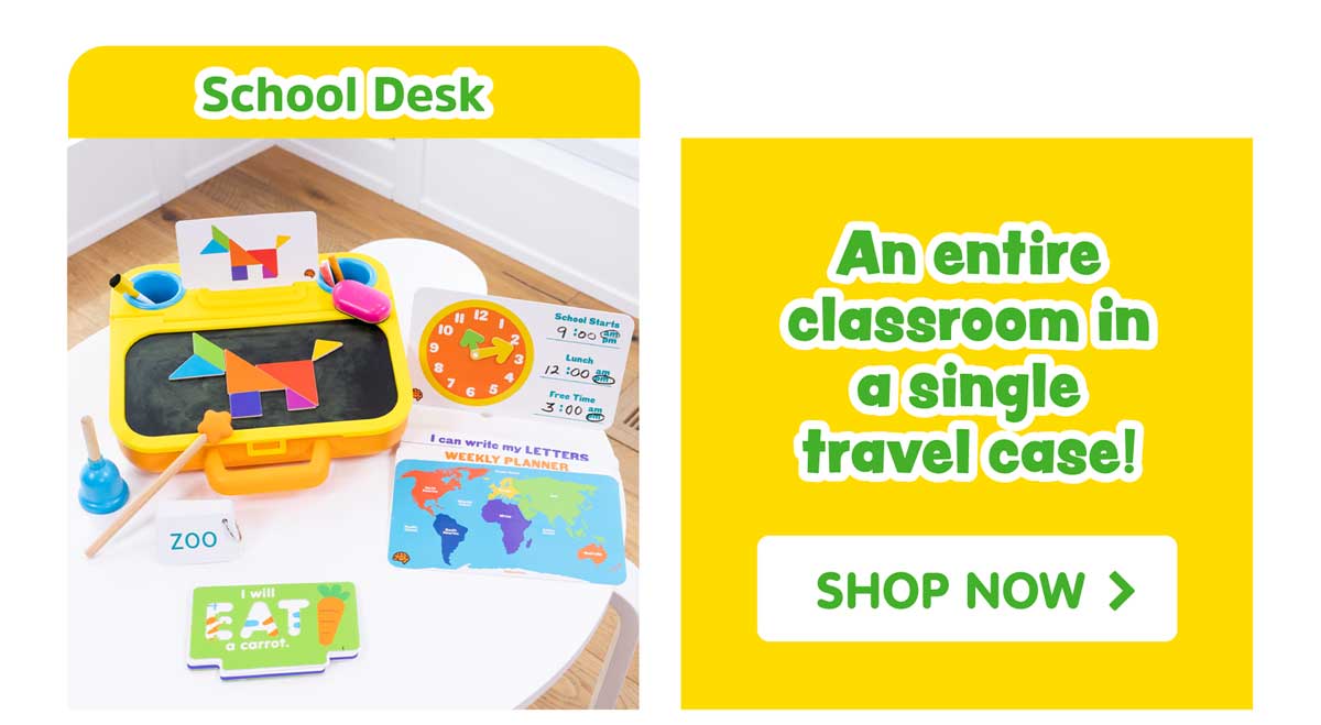An entire classroom in a single travel case! Pretendables School Desk - Shop Now