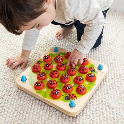 Child playing with Ladybug's Garden Memory Game
