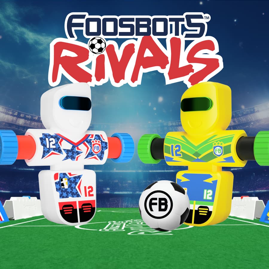 Two Foosbots Rivals facing each other with a stadium background